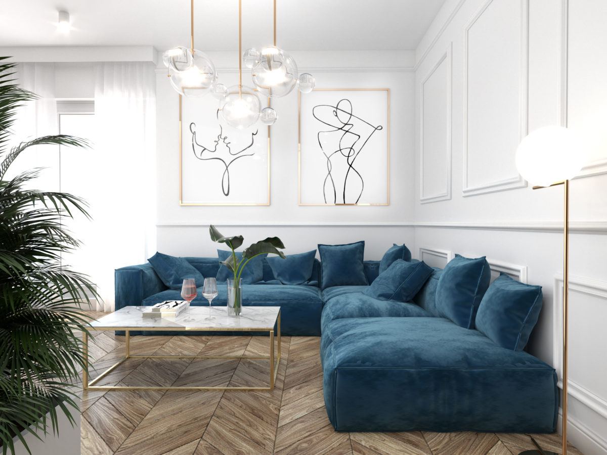 aranżacja salonu z dużą niebieską sofą