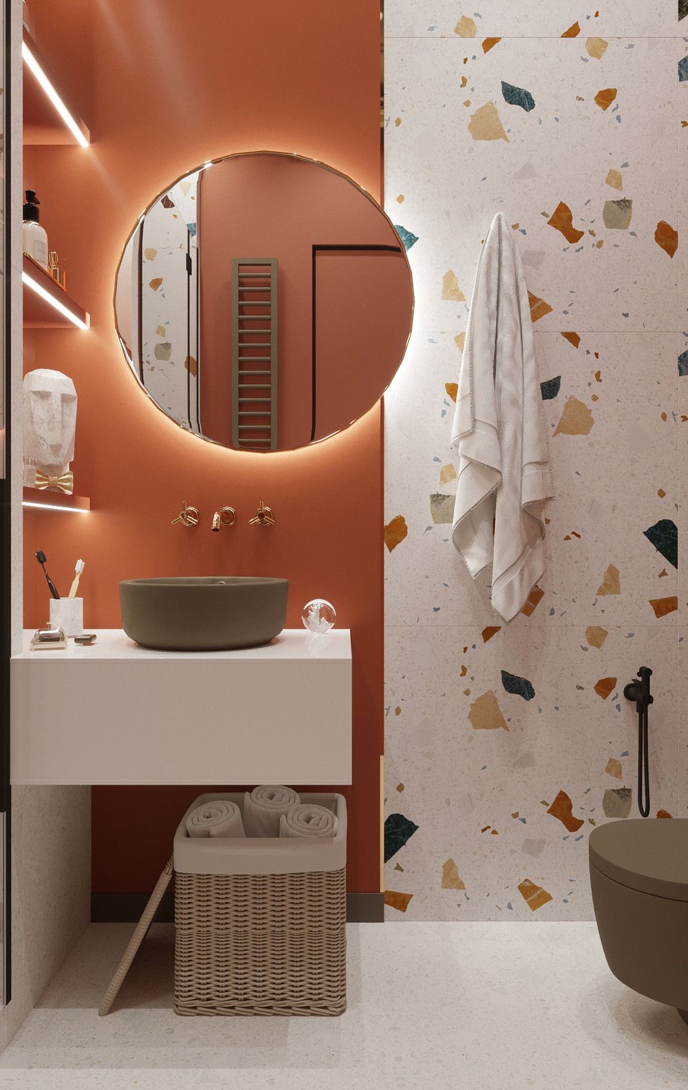 kolorowa łazienka z lastryko na ścianach